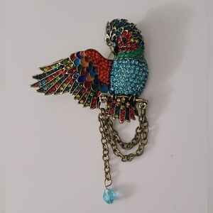 Parrot Brooch Chains Enamel Colorful Rhinestones Glass New Pin